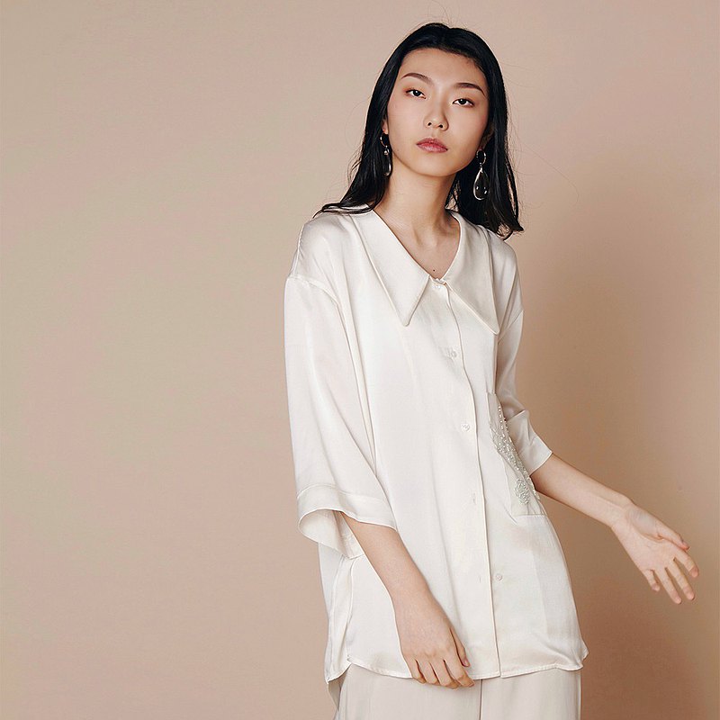 HAOLIAO 窗系列 單口袋珠飾刺繡 七分袖真絲白襯衫