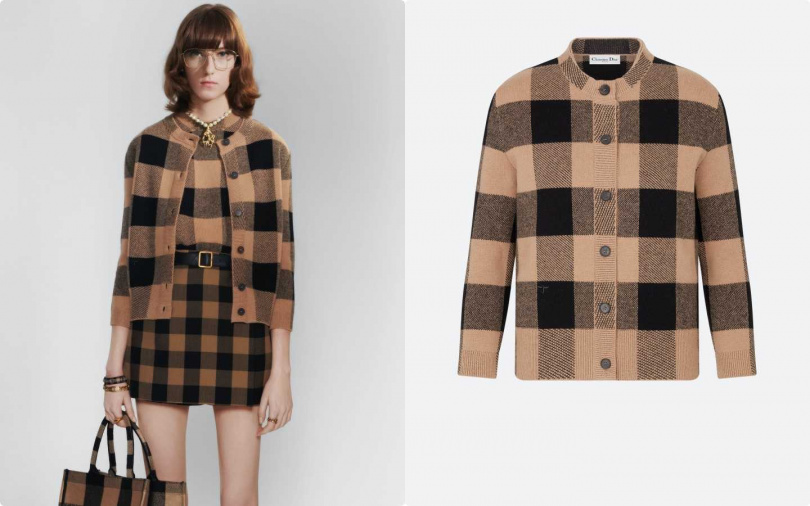 自然的色調可以任意的與各種色彩搭配。DIOR 格紋雙緹花羊絨兩件式套裝／145,000（圖／品牌提供）