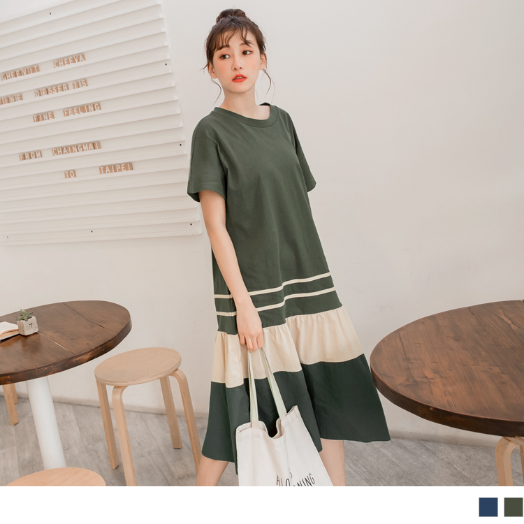 版型偏大 請依照個人喜愛的舒適度購買 選用含棉量高的材質，讓穿著更舒適親膚，透氣排汗度UP ! 具有修飾度的傘襬，結合色塊及橫條拼接營造出視覺亮點設計感 ~ 簡單搭配小白鞋或涼鞋，一件完裝輕鬆完成質感