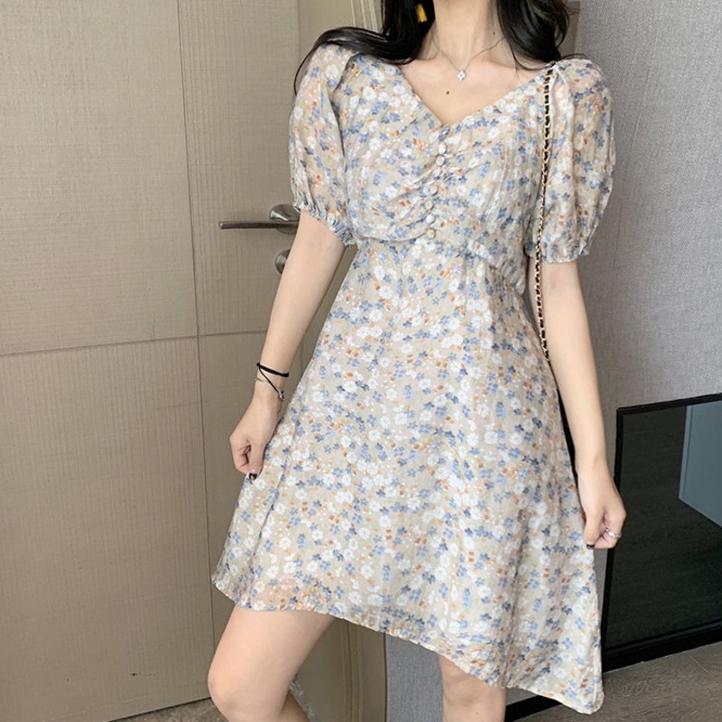 韓版休閒新款女裝法式小眾桔梗裙溫柔風復古赫本碎花洋裝