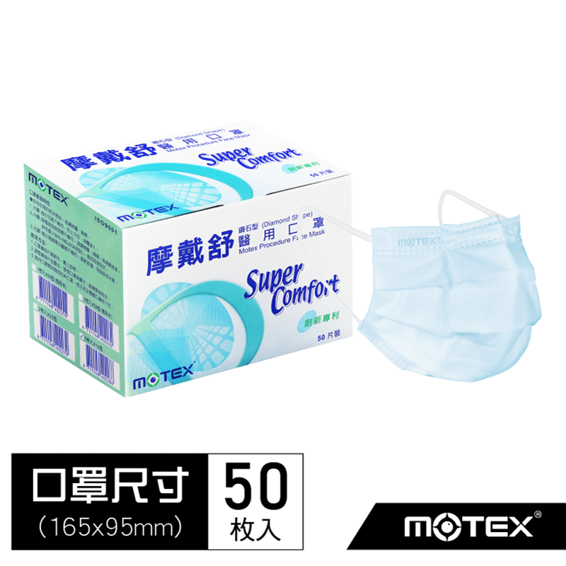 【MOTEX 摩戴舒】鑽石型醫用口罩，外層防潑水不織布，中層靜電高密度熔噴不織布，內層親水超細複合纖維不織布，可調式雙軌鼻樑線，鑽石型立體造型，口罩接觸面均勻服貼於口鼻周圍，不貼口鼻，使呼吸順暢，配戴