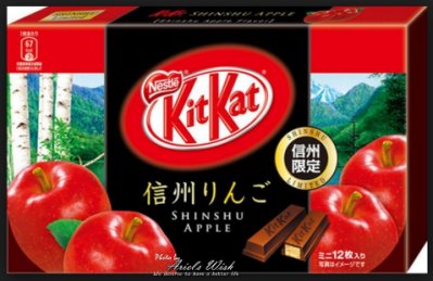 尺 寸 ---日本製--- 一盒12枚入 (12個小包裝，一小包有兩條) 金額 ---預購價$360/盒 商 品 描 述 kit kat蘋果口味巧克力棒巧克力棒12枚入-日本製大盒款- 一打開包裝就聞