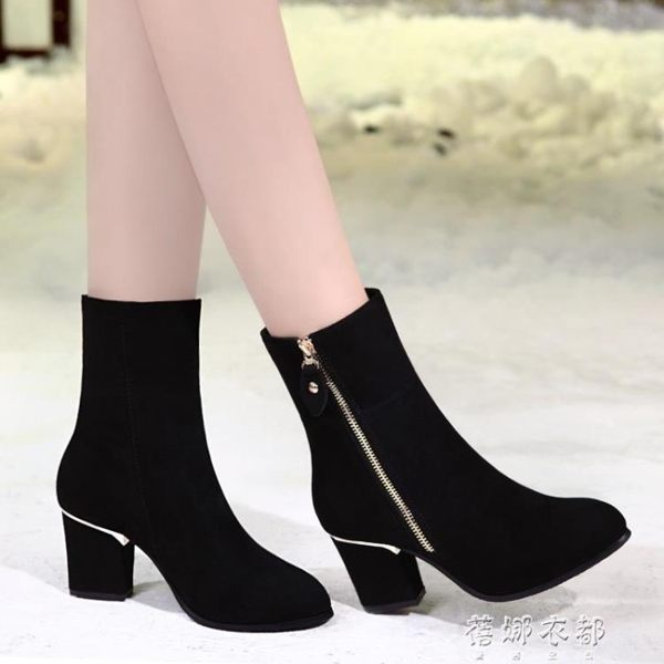 靴子 靴子女磨砂小短靴女中跟真皮馬丁靴粗跟中筒高跟女鞋 蓓娜衣都