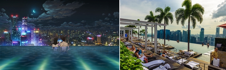 聞名全球的濱海灣金沙酒店無邊際泳池，續《瘋狂亞洲富豪》後，再度躍上柯南電影版中，從預告片中可窺見多幕重要場景都發生在濱海灣金沙酒店和購物商城，另金沙酒店打造的免費光影水幕表演「幻彩生輝」，也將一併出現在電影場景中。