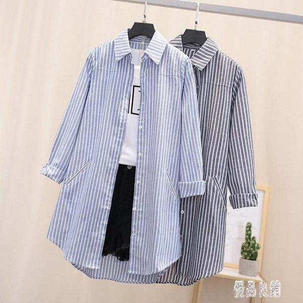 春季長版上衣藍白條紋過膝長襯衫女寬鬆休閒打底薄外套裙衫襯衣連身裙 LJ4640【優品良鋪】