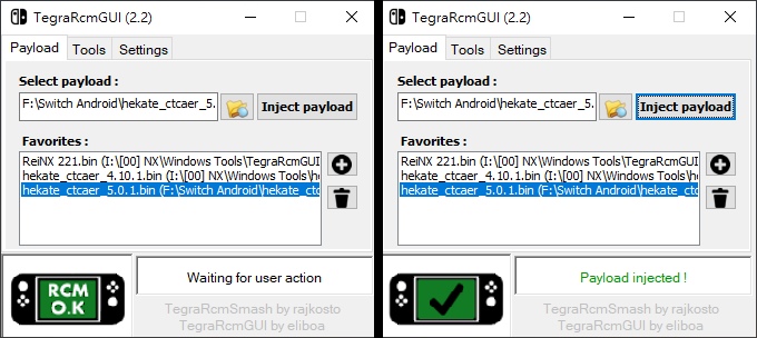 TegraRcmGUI能將檔案名稱為hekate_ctcaer_5.0.1.bin（或更新）的開機引導程式注入系統。
