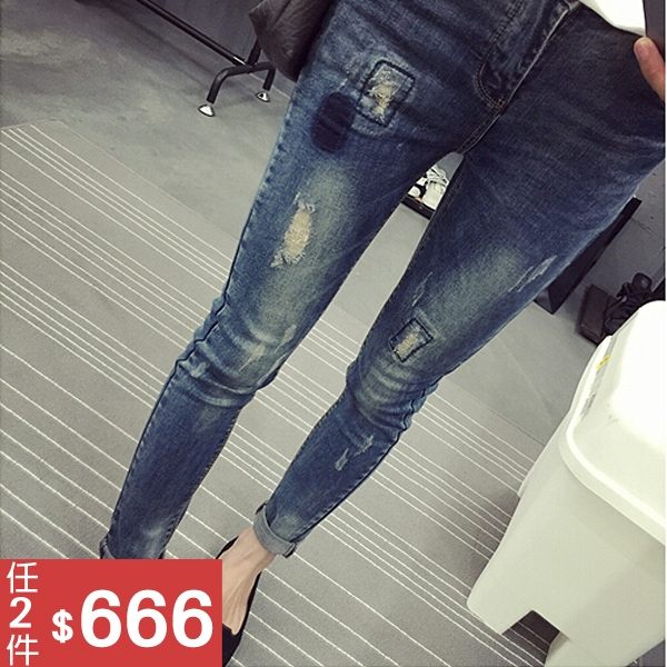 ＊蔓蒂小舖孕婦裝【M2421】＊配色補釘 顯瘦窄管牛仔褲．腰圍可調