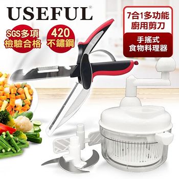 ★◆剪刀採用420不鏽鋼，讓您吃的安心★◆手柄人體工學設計，貼合手型握感舒適★◆鎖位特殊設計，安全方便防割手★◆剪刀七合一料理用途，功能性超強★◆多功能萬用切菜、洗滌、攪拌器★◆三葉式不?鋼刀片省力設