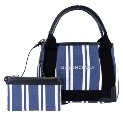 BALENCIAGA巴黎世家Navy Cabas XS條紋帆布子母兩用包(迷你/黑藍)