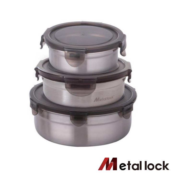 【韓國Metal lock】不鏽鋼野餐保鮮盒3入組(圓形320ml+800ml+1900ml)《屋外生活》