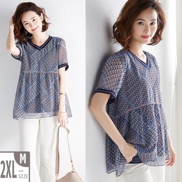義大利藝術幾何冰絲透涼薄款短袖雪紡V領上衣104678#現貨 預購(印花)
