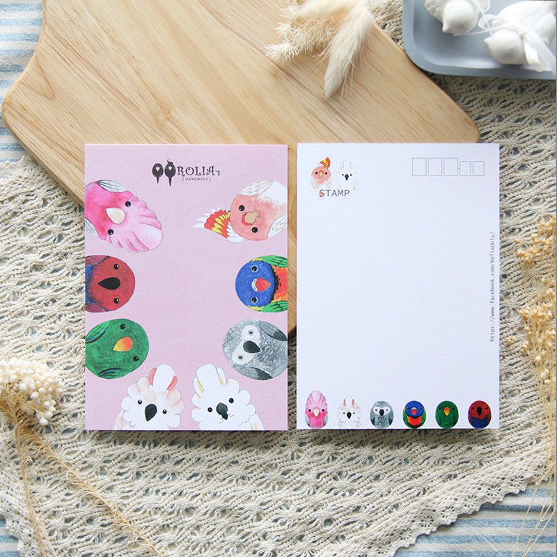 手繪Q版鸚鵡圖案明信片 象牙紙240g，可使用鋼筆墨水