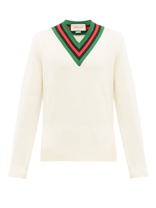 Gucci - Gucci's V-neck wool sweater embodies classic British sportswear through the house's iconic W