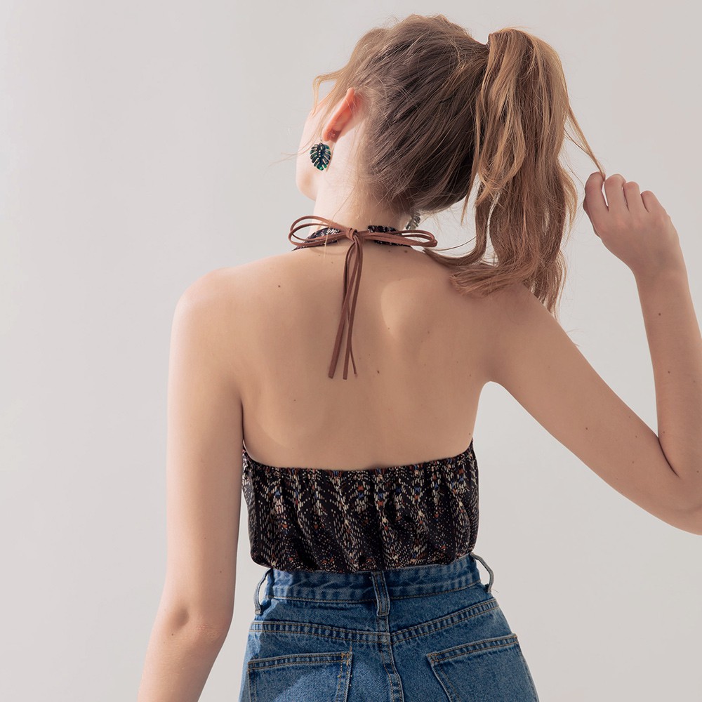 AIR SPACE 波西印花麂皮綁帶削肩背心(黑)