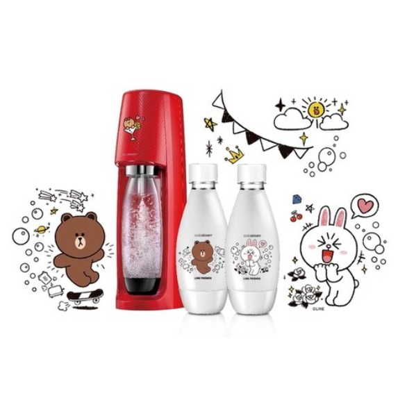 Spirit氣泡水機(紅) 1入 二氧化碳全新鋼瓶(60L)1入 專用水瓶(黑)(1L)1入 500ml專用水瓶2入組 LINE FRIENDS合作款 明星角色機身靜電貼紙