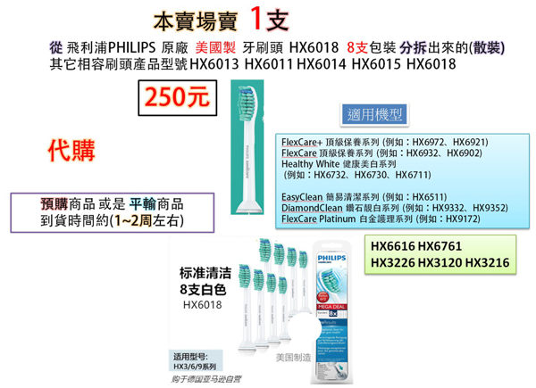 飛利浦 美國製 電動牙刷刷頭 HX6018 盒裝拆出1支販售(散裝)其他相容刷頭產品HX6011/HX6014/HX6015/HX6013