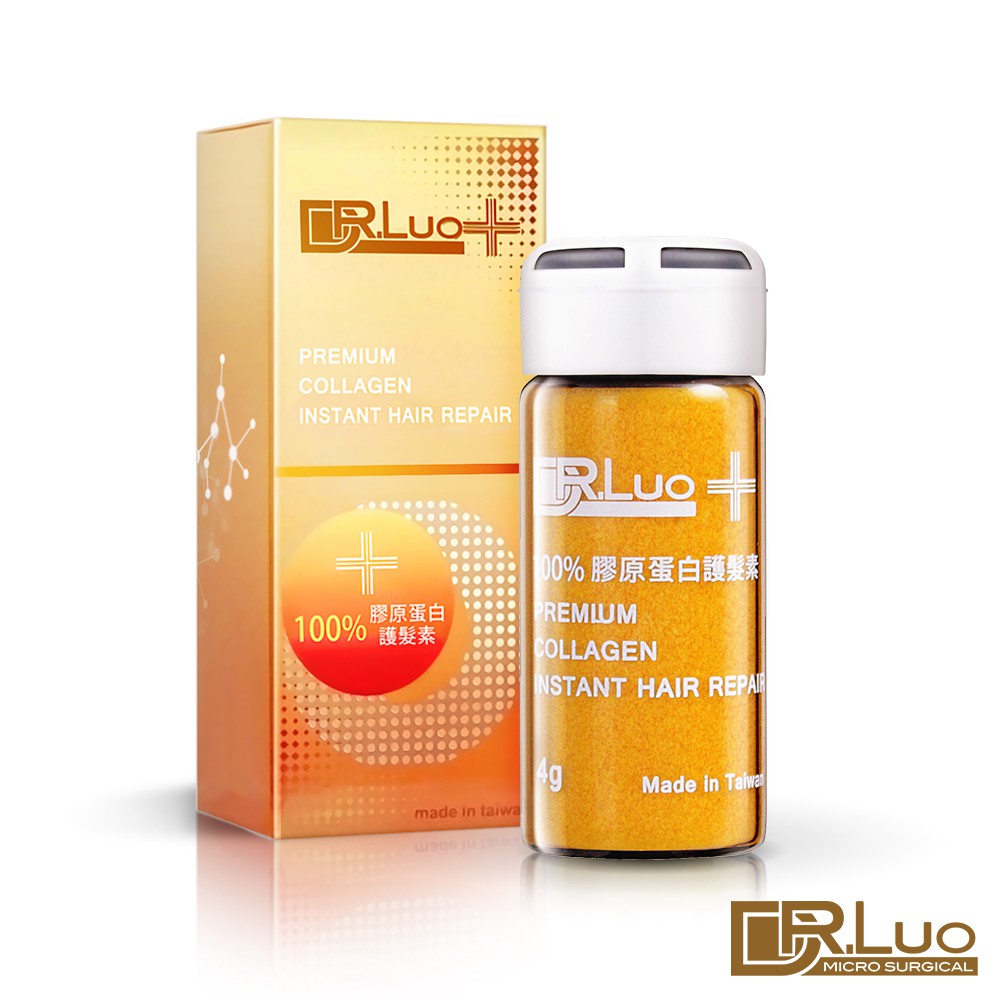 【DR.Luo】100%膠原蛋白護髮素(4g)整套含：DR.Luo 100%膠原蛋白護髮素 (4g/瓶)成分：100%膠原蛋白使用方式：在燙染劑或洗髮精中加入膠原蛋白粉，攪拌後再進行染護髮/洗髮 用量