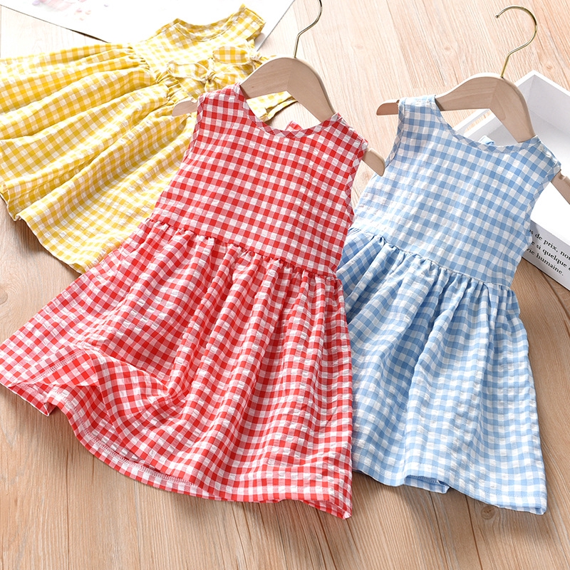 童裙子夏季新款韓版女童連衣裙美背蝴蝶結格子兒童背心裙
