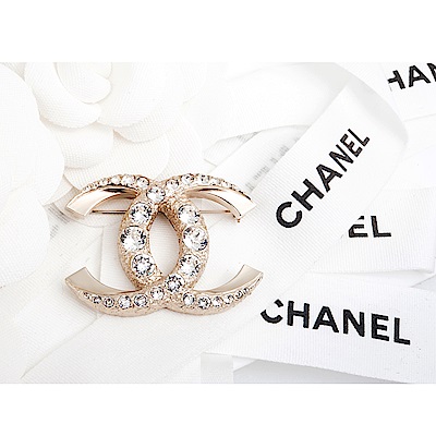 CHANEL 香奈兒新款經典雙C LOGO水鑽鑲嵌胸針 (金色)