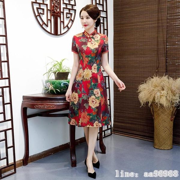 媽媽禮服 中國風改良復古旗袍媽媽裝連衣裙日常修身彈力旗袍夏季新式禮服潮 韓菲兒