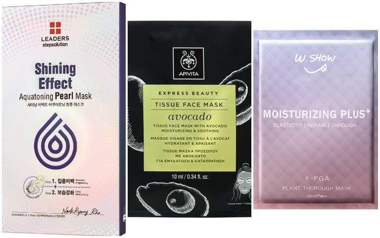 這幾款保濕面膜都很推薦。LEADERS珍珠光保濕鎖水面膜／368元、APIVITA酪梨滋潤保濕面膜／280元(單片)、Ｗ.SHOW植透肌全效保濕面膜升級版／198元(單片)。(圖／品牌提供)