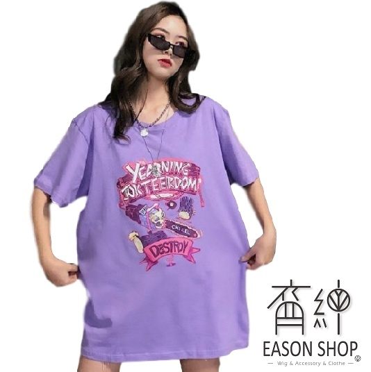 EASON SHOP(GW1433)實拍卡通塗鴉風圓領短袖T恤長版女上衣服寬鬆落肩五分袖OVERSIZE閨蜜裝團體服