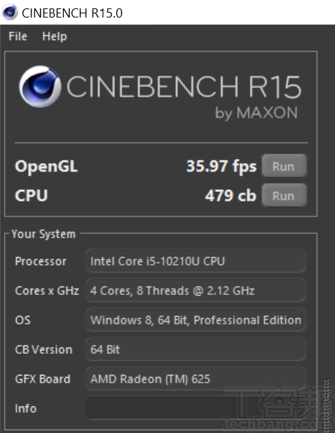 CINEBENCH R15測試中，OpenGL 為 35.97fps，處理器為 479cb 的成績。