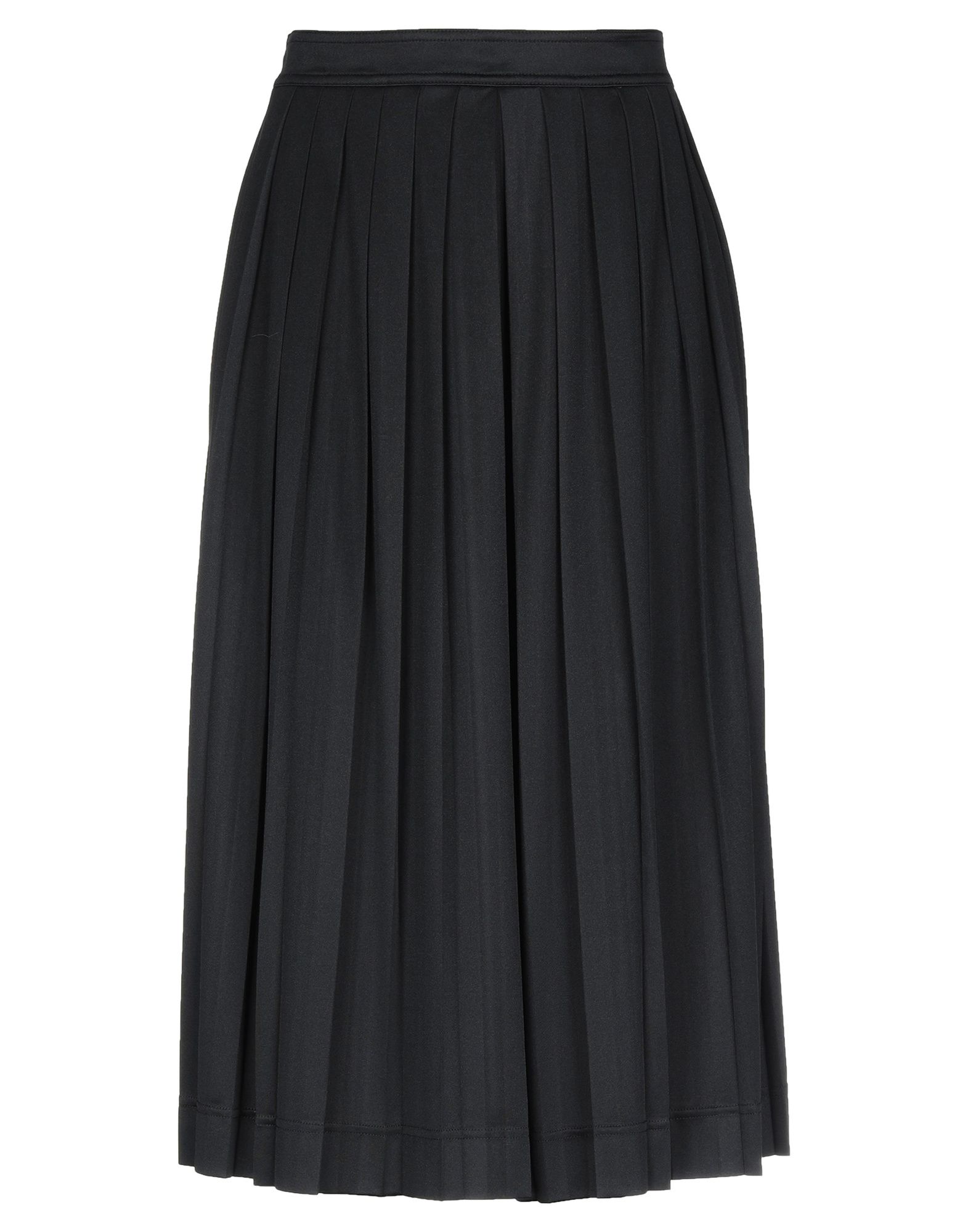 jersey, folds, basic solid color, mid rise, no pockets, rear closure, zip, unlined, divided skirt.