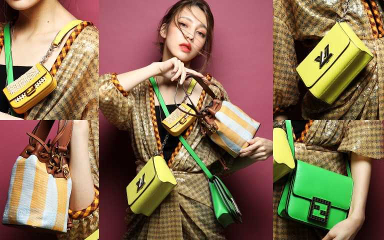 （中）FENDI格紋春夏洋裝／價格未定；（左上）FENDI Nano Baguette（黃）／28,700元；（右下）FENDI Fab綠色包款／63,900元；（左下）FENDI Pequín Mon Tresor水桶包／63,000元；（右上）LOUIS VUITTON黃色手袋／107,000元。（圖／戴世平攝）