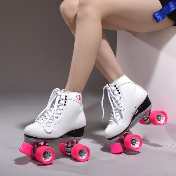 美式溜冰場競技速滑四輪滑鞋雙排溜冰鞋旱冰鞋白粉色