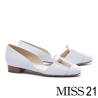 低跟鞋 MISS 21 時髦視覺真皮拼接設計低跟鞋－白