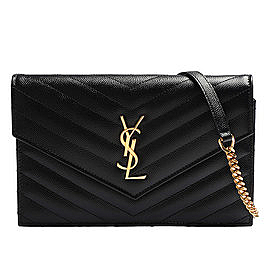 YSL MONOGRAM系列V字縫線魚子醬牛皮金屬LOGO 金鍊手拿/肩背包(黑)