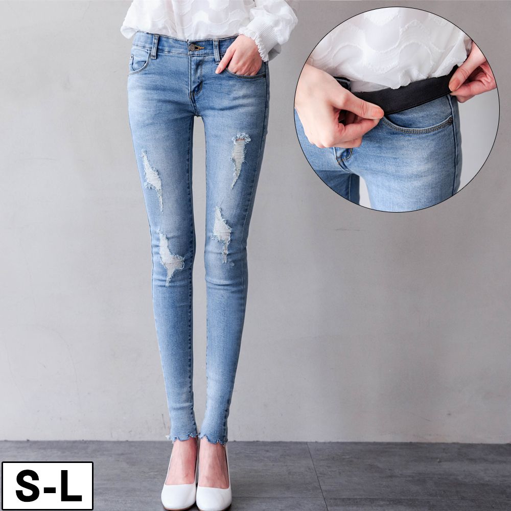 ★現折100★腰彈性帶刷破刷白合身牛仔褲(共1色，S-L)0406 預購【NJ0655EP】