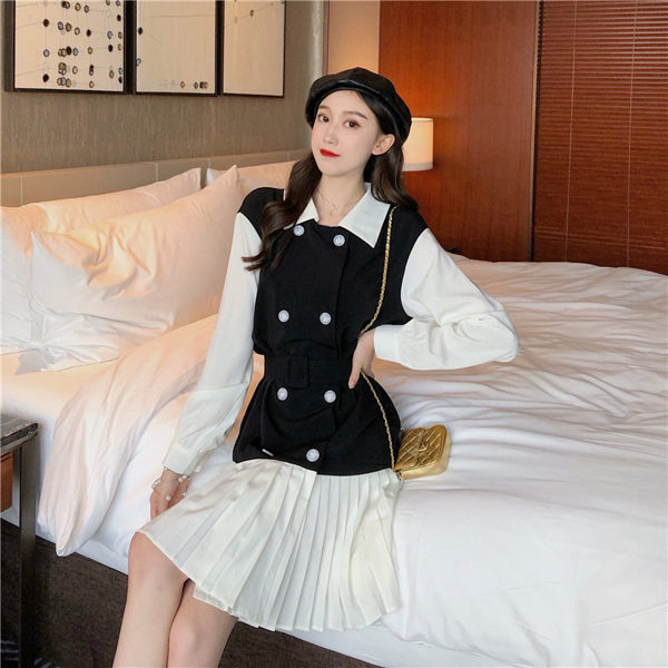 VK旗艦店 韓系復古氣質修身雙排扣拼接百褶長袖洋裝