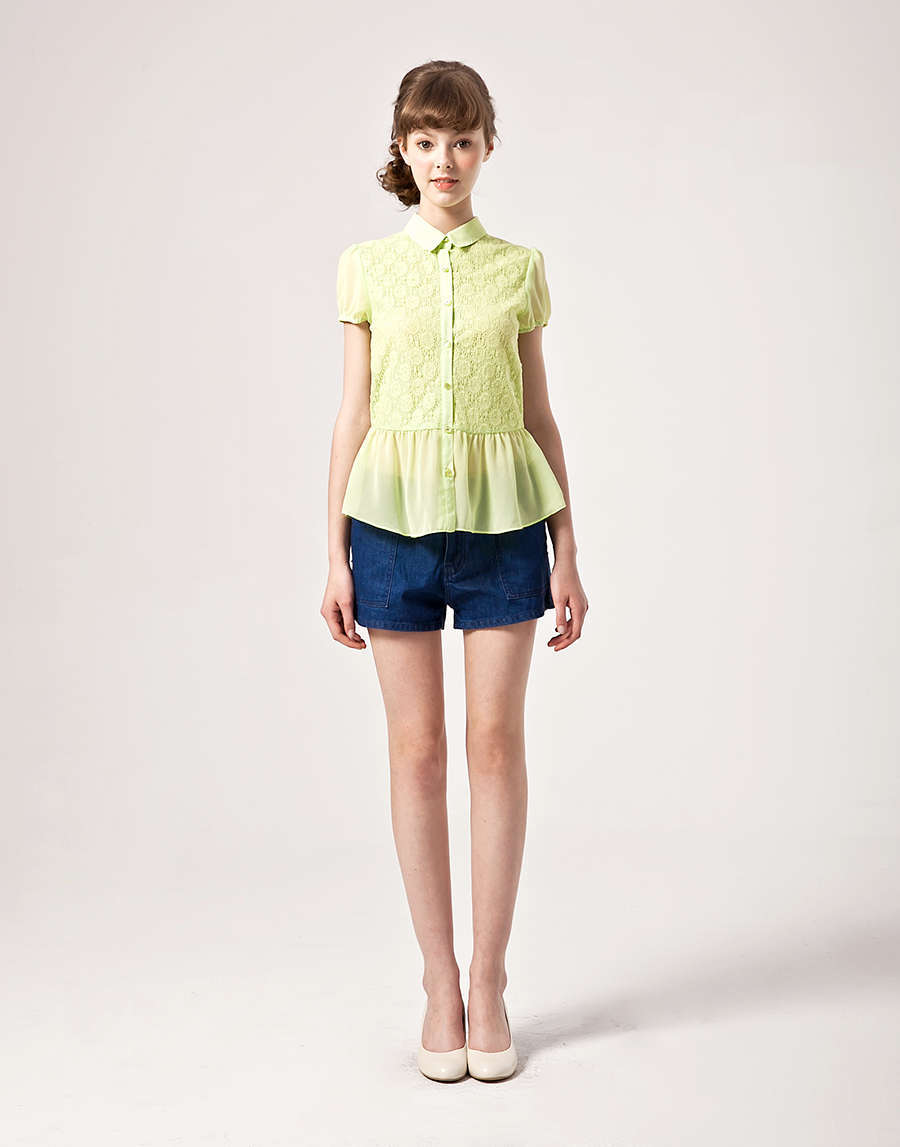 PAZZO+清新純淨蕾絲拼接雪紡襯衫