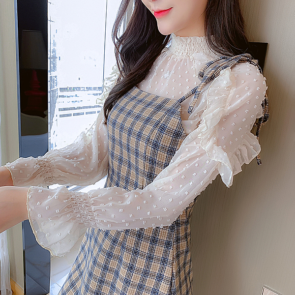VK旗艦店 韓國小香風氣質蕾絲甜美復古格紋吊帶套裝長袖裙裝