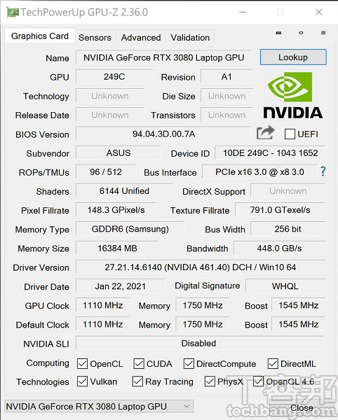 NVIDIA GeForce RTX 3080 GPU-Z 詳細資訊。
