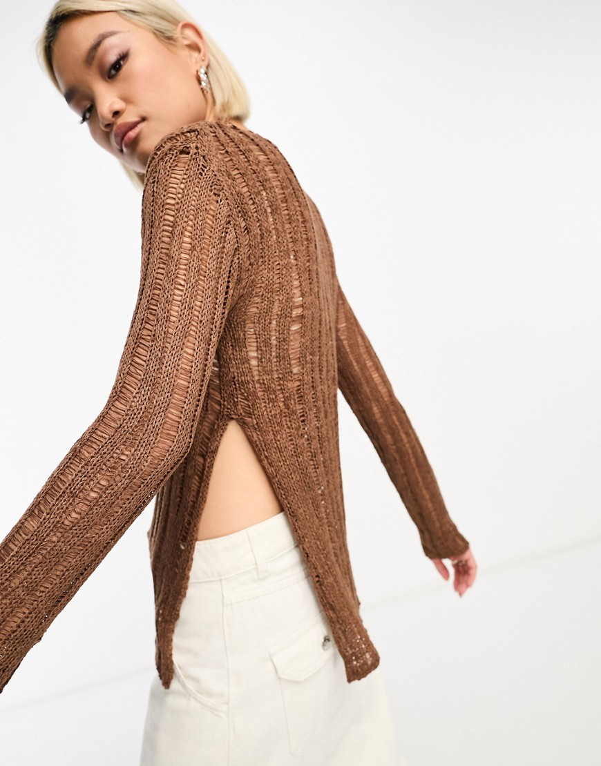Moon River side slit asymmetrical hem long sleeve knitted top in chocolate brown