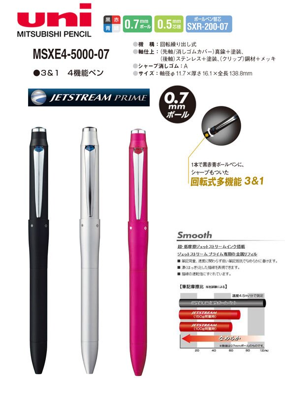 uni三菱鉛筆 JETSTREAM PRIME 3+1 多機能筆〔msxe4-5000]三色原珠筆+0.5mm 鉛筆