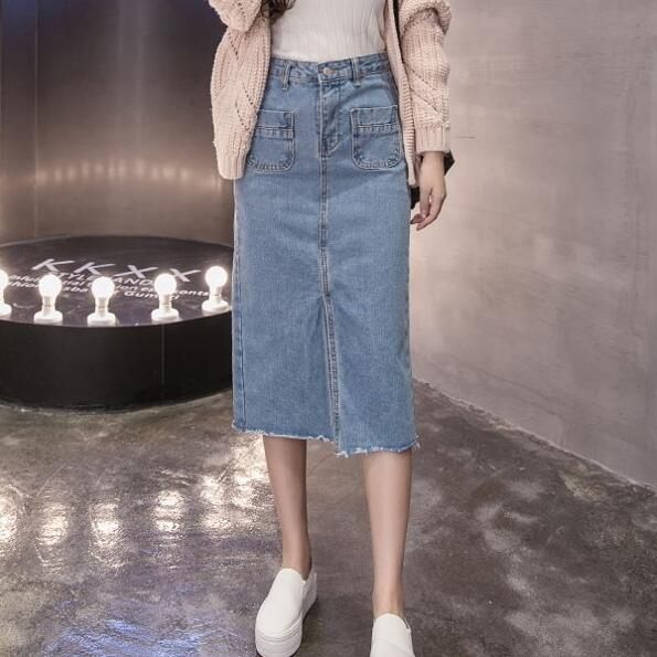 韓版超顯瘦修身中長版A字牛仔長裙/3色 花漾小姐【現+預購】