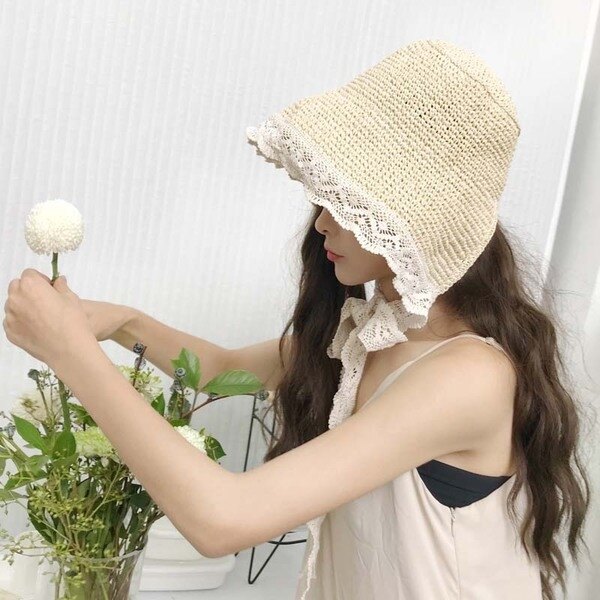 網紅草帽女夏蕾絲系帶沙灘帽小清新海邊出遊度假防曬遮陽帽子綁帶 雙11八折鉅惠