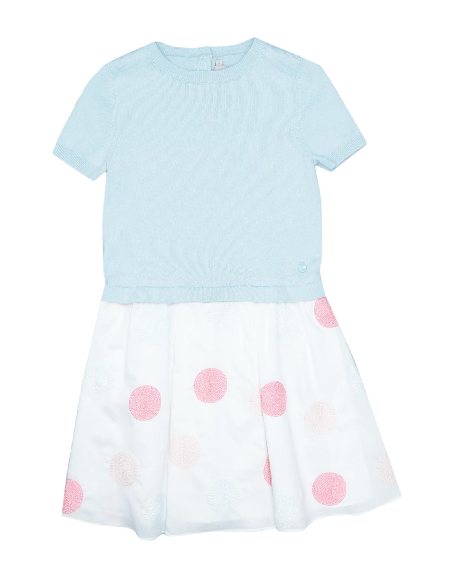 plain weave, knitted, embroidered detailing, solid color, round collar, short sleeves, no pockets, r