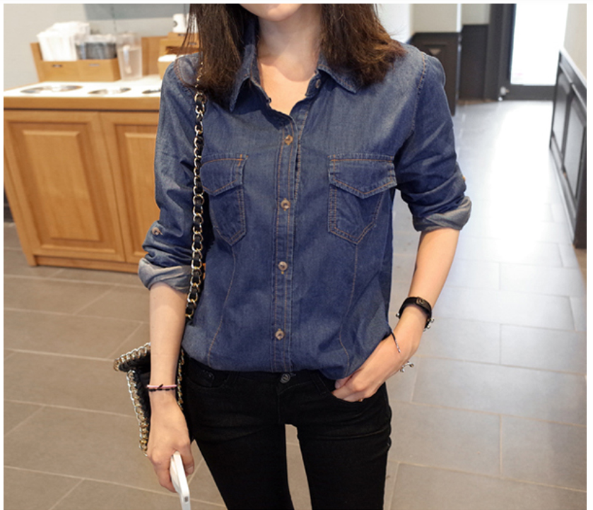 SISI【L5060】個性Der女孩兒 翻領薄款單寧牛仔襯衫上衣 丹寧顯瘦罩衫外套