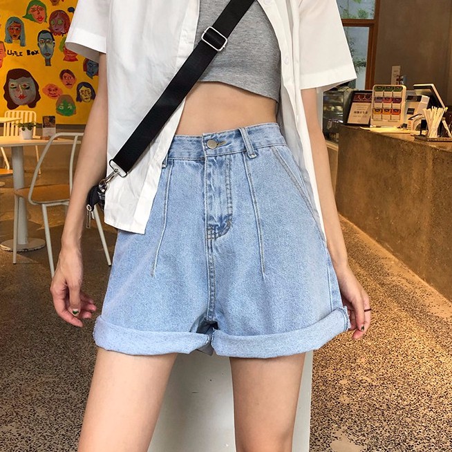 女生短褲 韓版 丹寧 牛仔 顯瘦 熱褲 休閒 復古 高腰 短褲 褶邊短褲 百搭短褲 可卷邊闊腿褲高腰顯瘦牛仔短褲熱褲