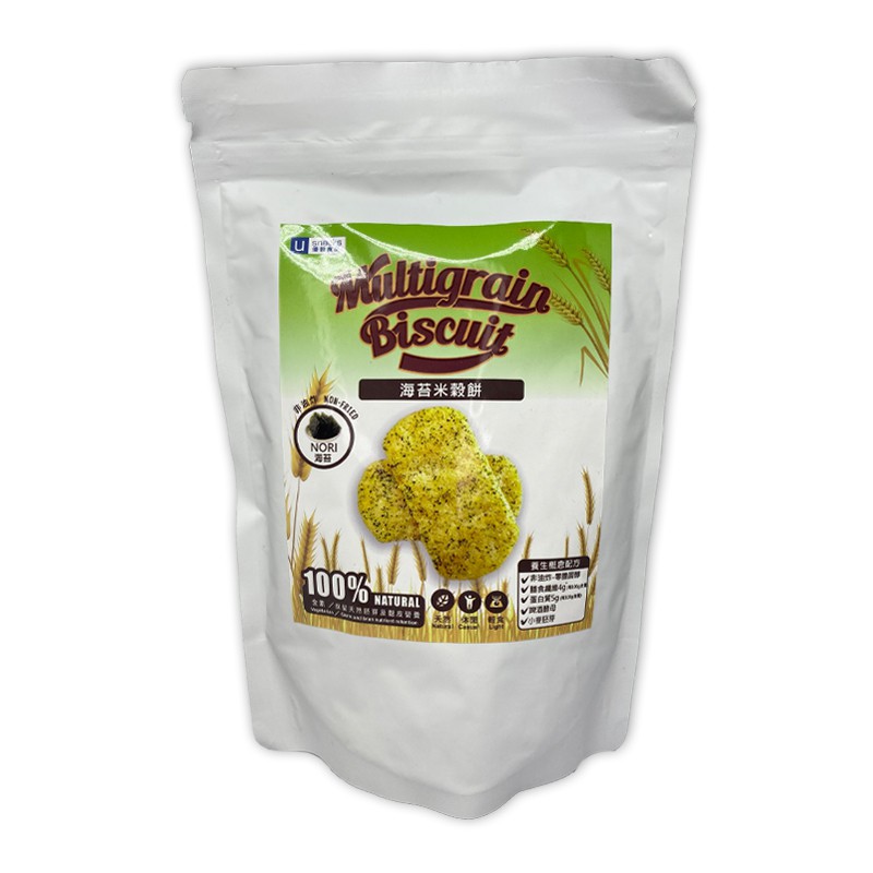 品名：優穀美身-海苔米穀餅60g品牌：Usnack優穀食品來自田野與海洋的美味，以全麥、玉米、糙米...等多種穀物製作，佐以海苔提味，有別於精緻麵粉製作的餅乾口中不會有厚重的麵粉感，取而代之的是穀物中