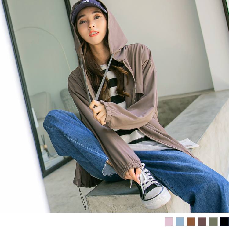 馬卡龍色系率性抽繩連帽防風外套