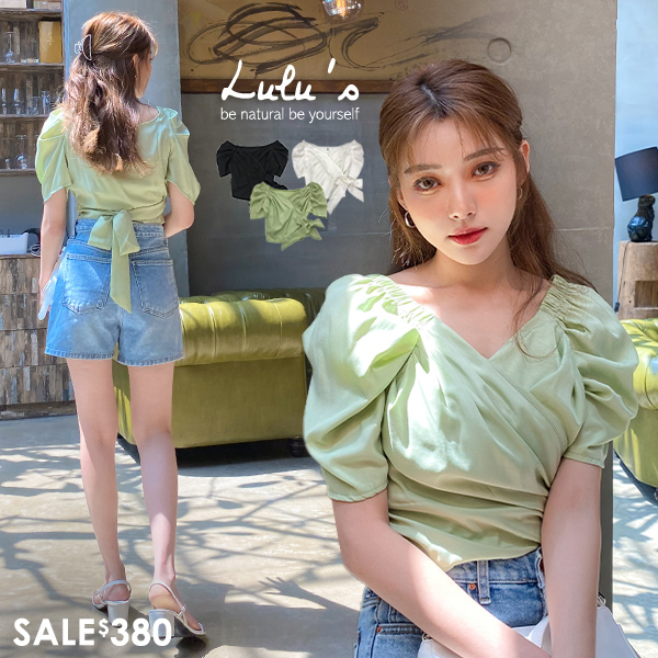 050710♦ 公主袖設計/袖口鬆緊/短版造型/開襟綁結