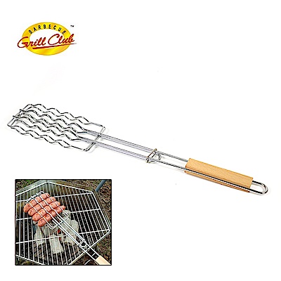 長度 : 51 cm | 木柄把手處11.5 cm 重量 : 318 克產地 : 台灣材質 : 不銹鋼可置入四根香腸同時翻烤有鎖扣設計避免香腸滑動