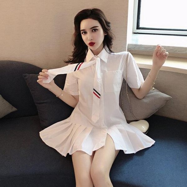 百摺裙2019夏款韓版減齡氣質小清新領帶翻領短袖襯衫裙學生百摺連身裙女 伊羅鞋包