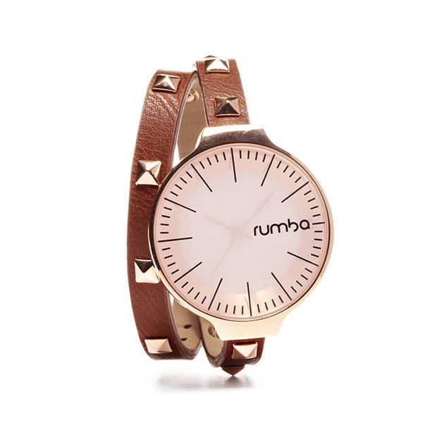 RumbaTime美國紐約 鉚釘纏繞系列 金色錶框棕色皮革錶帶手錶/35mm